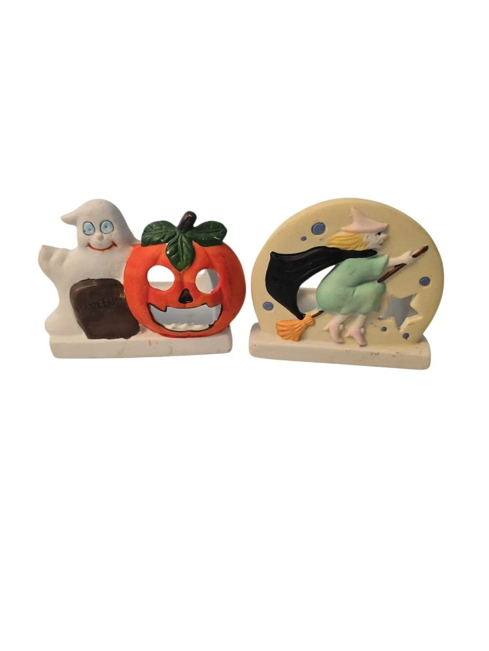 2 Vintage Ceramic Halloween Tealight Candle Holders Witch Ghost Jack O Lantern